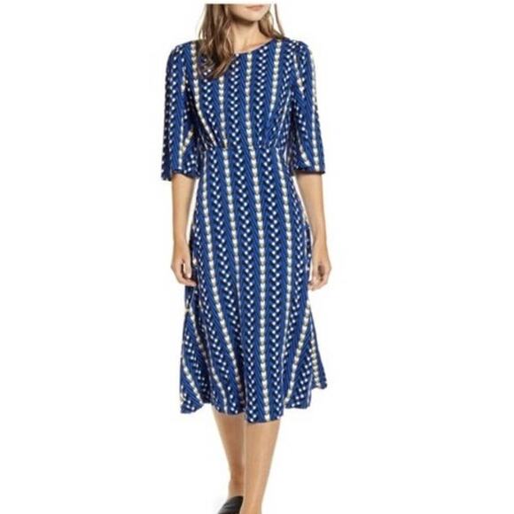 nwt anthropologie the odells blue motif abstract printed midi dress - Picture 1 of 11